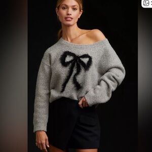 Anthropologie Gray Sweater with Black Bow Accent